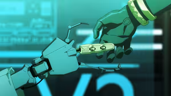 A human hand reaches toward a mechanical hand against a glowing digital display