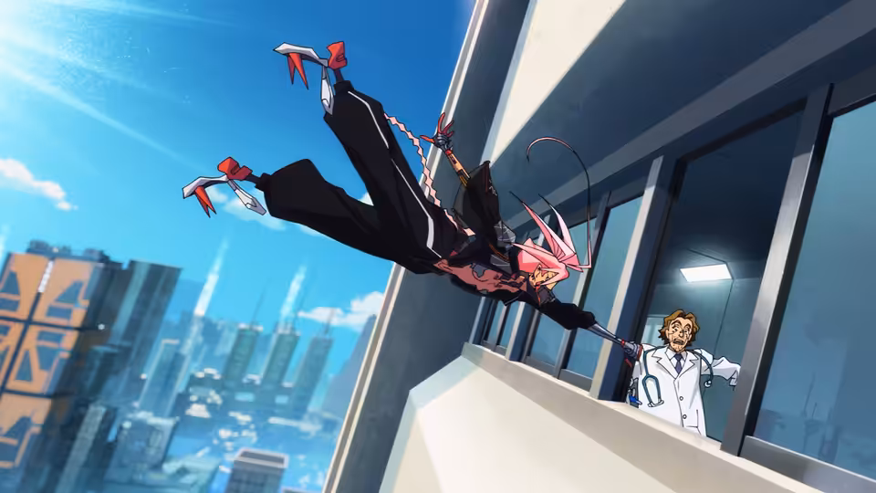 A woman leaps from a high balcony above a sprawling city