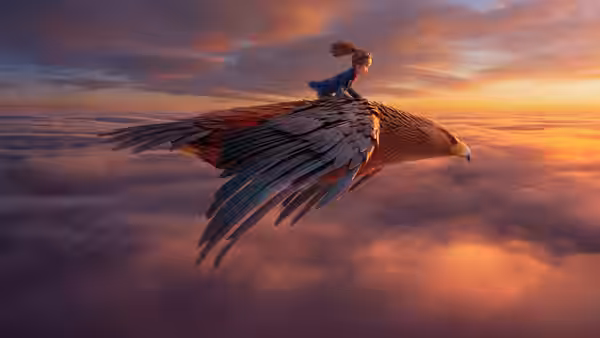 A girl rides a giant bird above the clouds at sunset