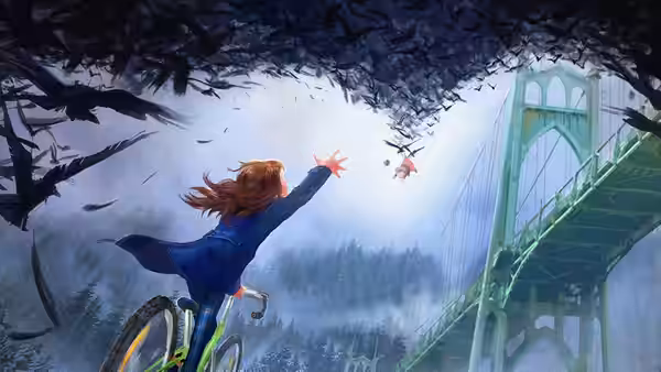 A girl reaches toward a small bird beside a bridge