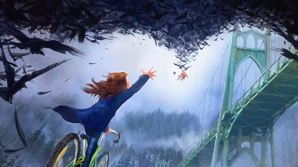 A girl reaches toward a small bird beside a bridge
