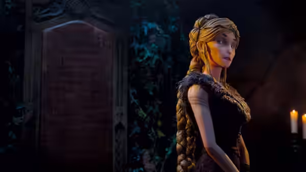 A braided young woman stands beside a doorway lit by candles