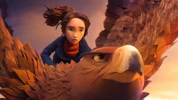 a girl riding on the back of a large eagle in flight