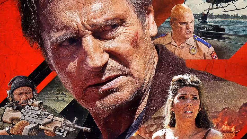 Ryan “Fang” Flanagan (Liam Neeson) fills a collage beside soldiers, a distressed woman and burning wreckage