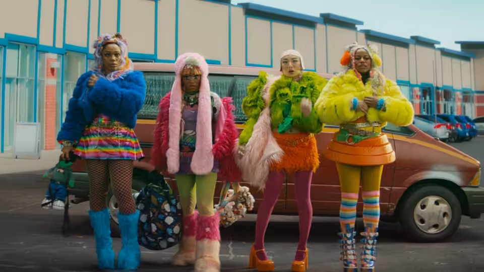 Four women in bright colorful outfits stand together by a parked car