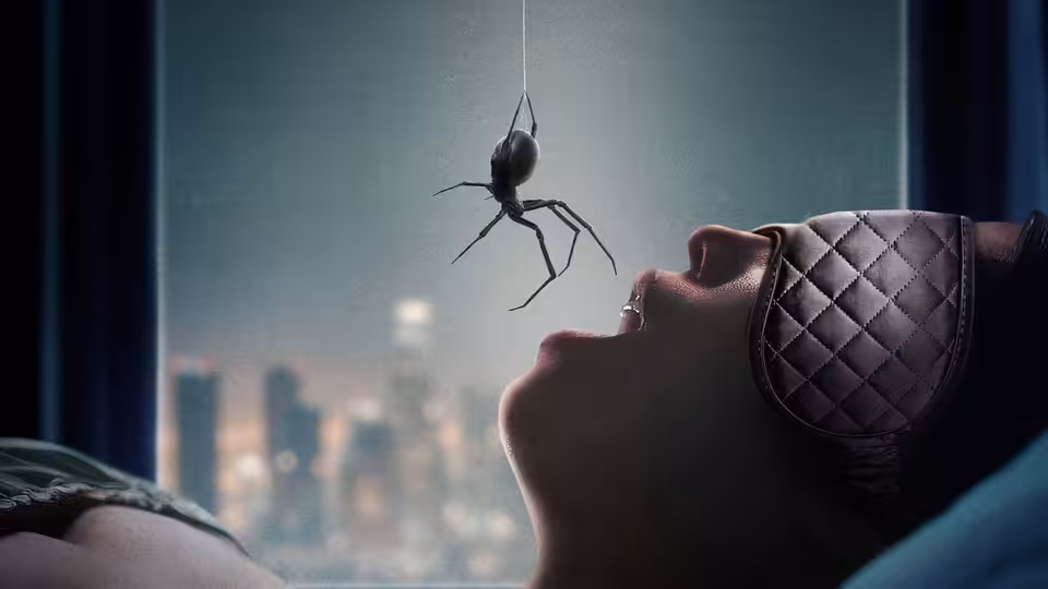 A woman lies in bed as a spider hangs above her open mouth