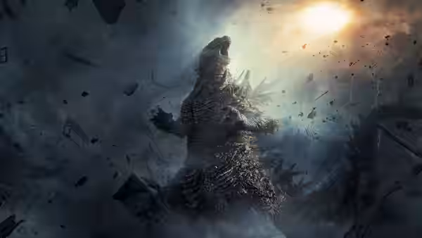 Godzilla roars amid flying debris beneath a glowing, smoke-filled sky