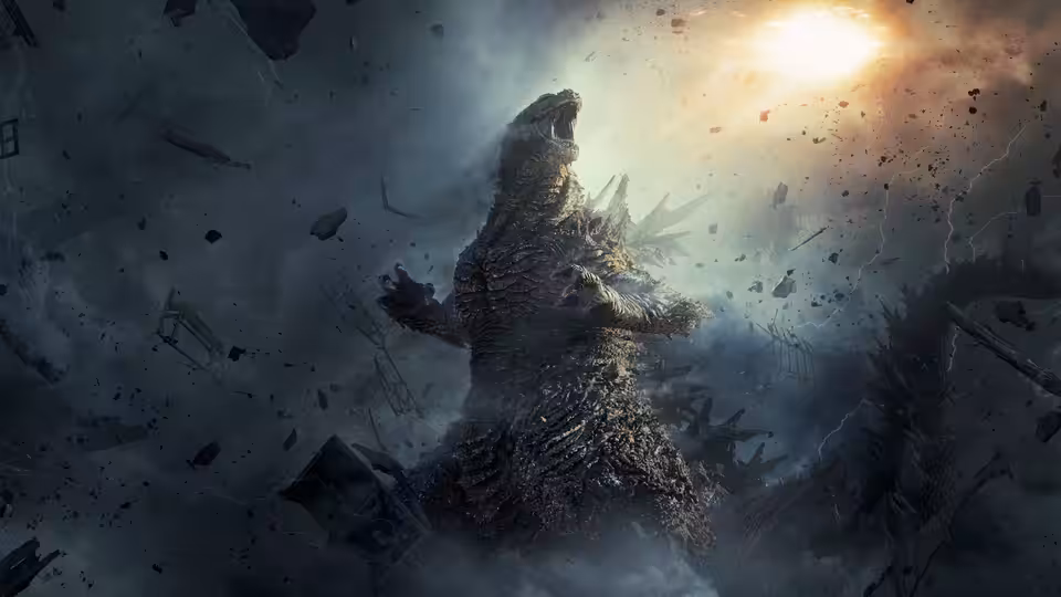 Godzilla roars amid flying debris beneath a glowing, smoke-filled sky