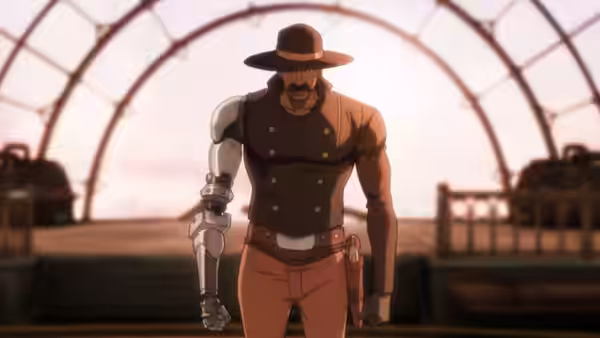 Bass Reeves (Brian Tyree Henry) standing with a mechanical arm in an arched hall