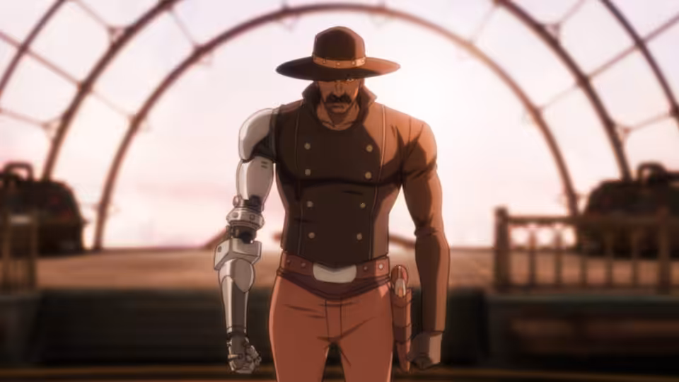 Bass Reeves (Brian Tyree Henry) standing with a mechanical arm in an arched hall