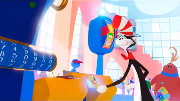 The Cat in the Hat works a colorful control panel beside fantastical creatures