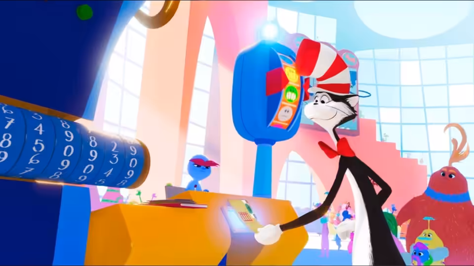 The Cat in the Hat works a colorful control panel beside fantastical creatures