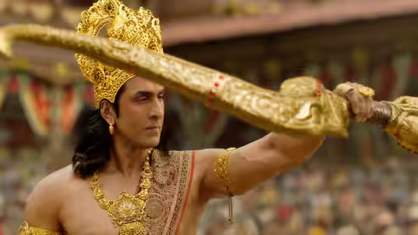 Ram (Ranbir Kapoor) raises an ornate sword to block an opponent’s strike