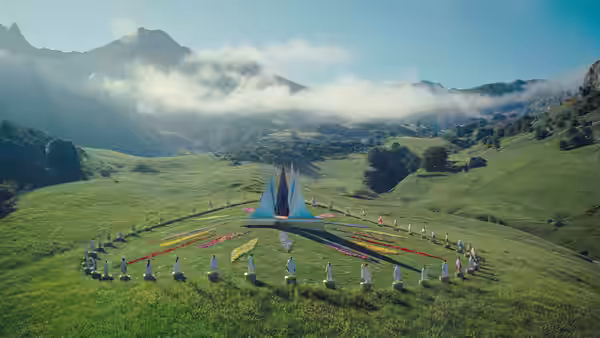 People form a circle around colorful displays in a broad mountain meadow