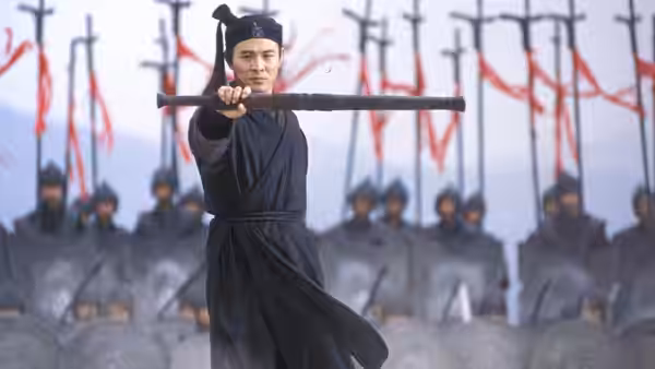 Nameless (Jet Li) gripping a long sword before rows of troops
