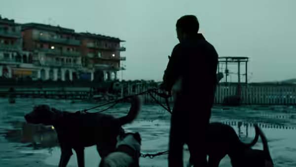 Marcello (Marcello Fonte) walks several dogs along a flooded street