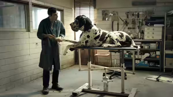 Marcello (Marcello Fonte) tends to a Dalmatian on an examination table in the grooming clinic