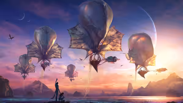 Figure standing on rocks watching large floating vessels in the sky