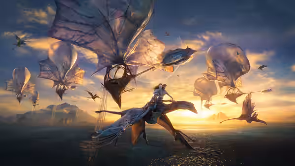 Rider on a winged mount flying among floating aerial creatures at sunset