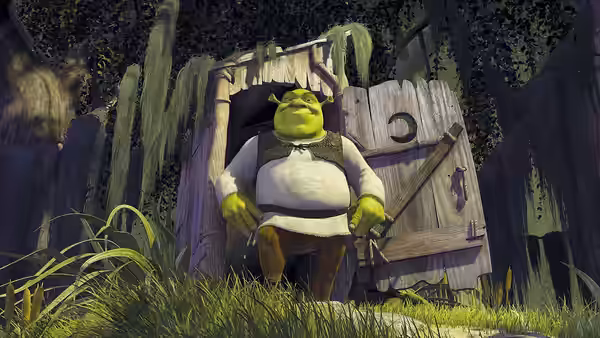 Shrek standing outside his wooden hut in the swampy forest