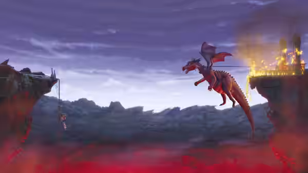 A red dragon flying between rocky cliffs over a fiery abyss