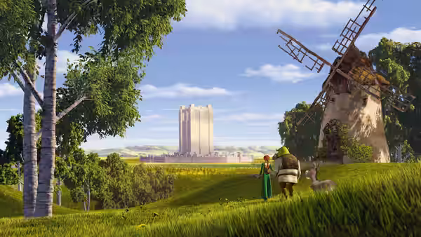 Shrek and Princess Fiona walking through a meadow towards a castle