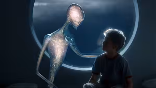 David (Haley Joel Osment) sits facing a tall glowing alien figure by a round window