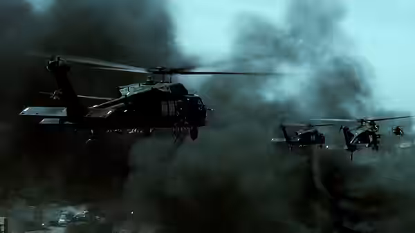 Black helicopters flying in formation through thick smoke over a city