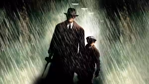 Michael Sullivan (Tom Hanks) walking with his son through a rainy tunnel