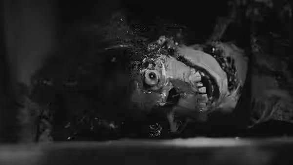 A corpse lies in darkness with its face turned upward