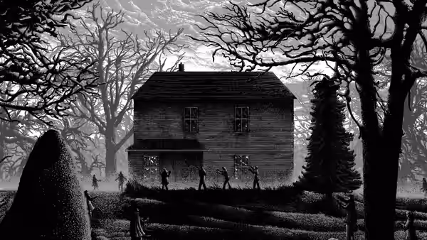 Several figures approach a farmhouse through a leafless, tree-lined yard