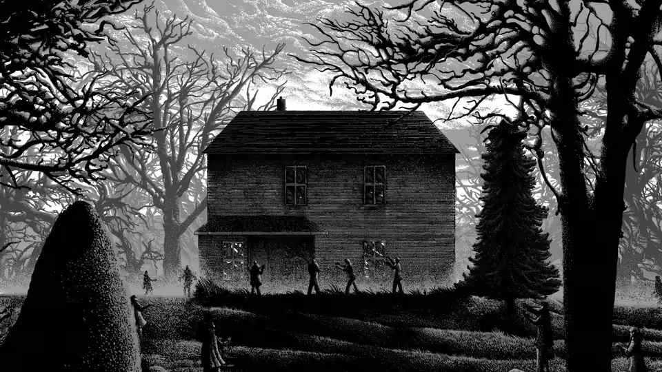 Several figures approach a farmhouse through a leafless, tree-lined yard