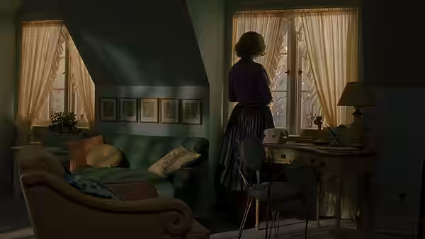 A woman in a blue dress stands by the window in a living room