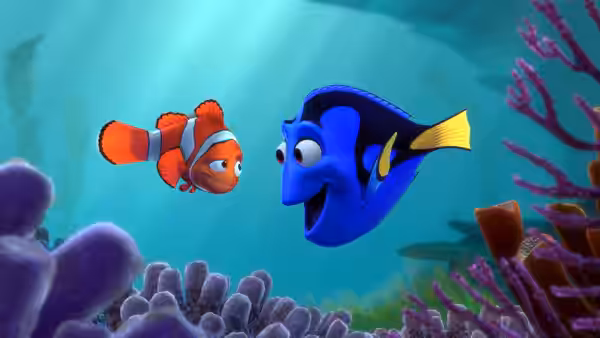 Marlin (Albert Brooks) facing Dory (Ellen DeGeneres) above a coral reef