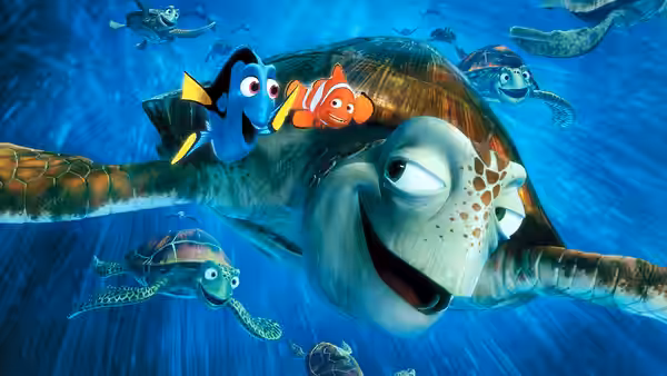 Dory (Ellen DeGeneres) and Nemo (Alexander Gould) riding on a sea turtle