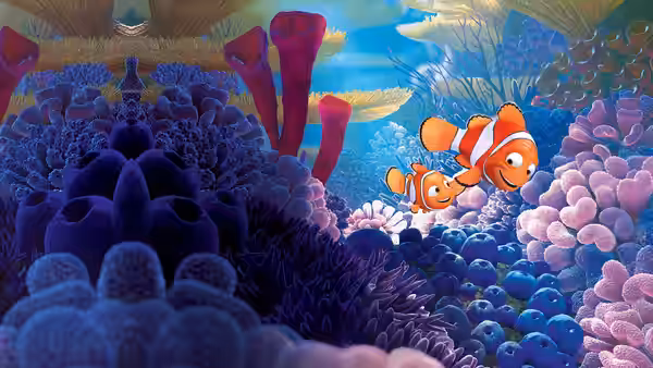 Marlin (Albert Brooks) and Nemo (Alexander Gould) swimming among vibrant coral formations