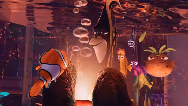 Marlin (Albert Brooks) and Gill (Willem Dafoe) inside a dentist office aquarium