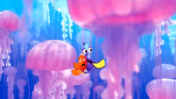 Dory (Ellen DeGeneres) and Nemo (Alexander Gould) swimming through a field of jellyfish