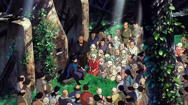 A large crowd of villagers gathered in a forest clearing