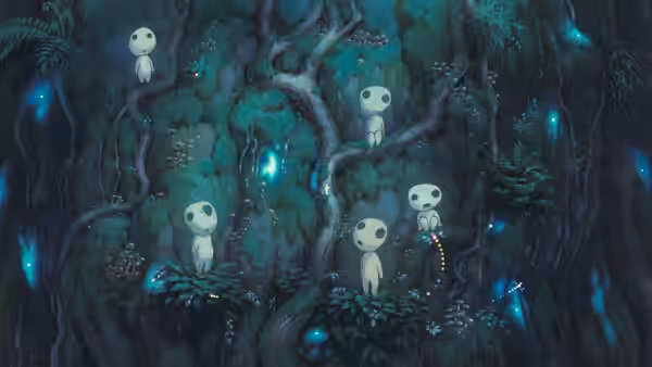 Small white spirits perched on branches in a glowing forest