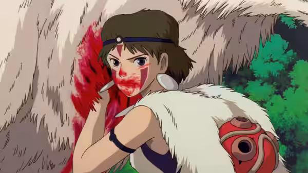 San (Yuriko Ishida) with blood on her face holding a blade