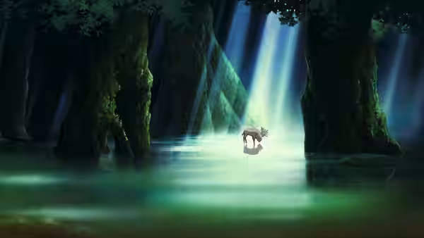 A small deer standing in a misty forest with light beams