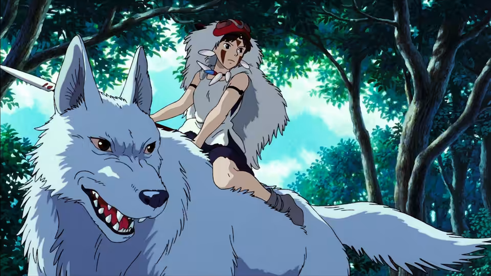 San (Yuriko Ishida) riding on Moro through the forest