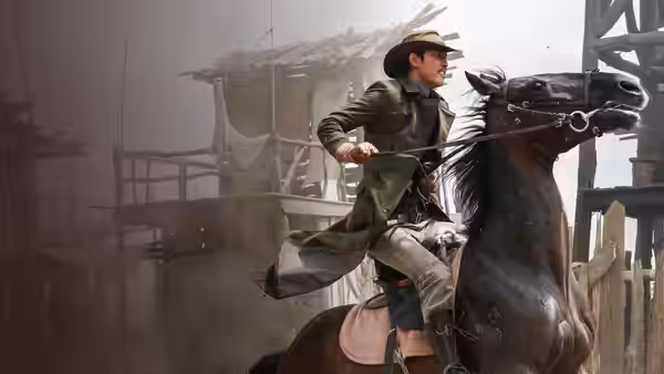 Park Do-won (Jung Woo-sung) reins in his horse amid a dusty settlement