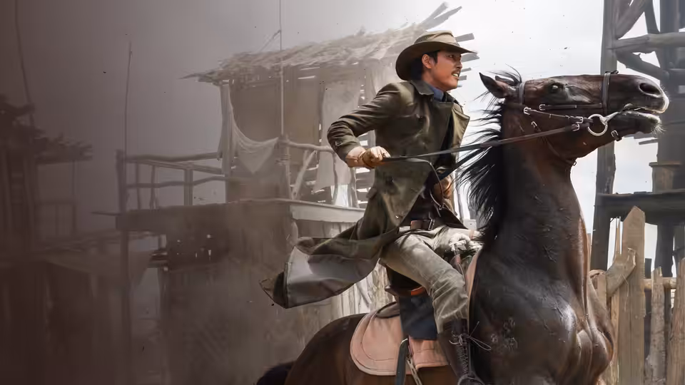 Park Do-won (Jung Woo-sung) reins in his horse amid a dusty settlement