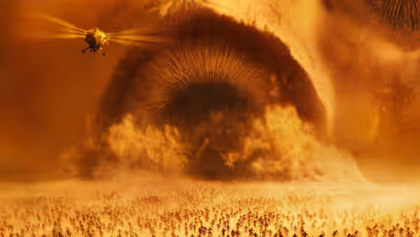 An aircraft flying toward a giant sandworm erupting from the desert