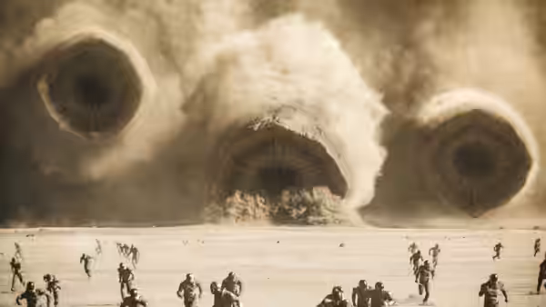 Several sandworms emerging from the sand as people flee across the desert