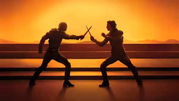 Two warriors dueling with blades on a terrace against an orange sky