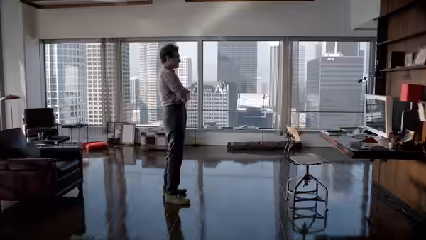 Theodore (Joaquin Phoenix) stands with arms crossed in an empty high-rise office overlooking the city