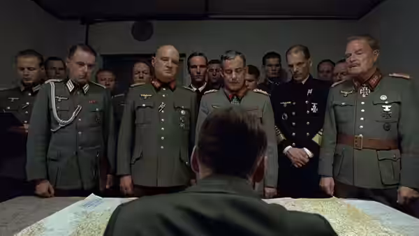 Adolf Hitler facing officers around a map table in a bunker